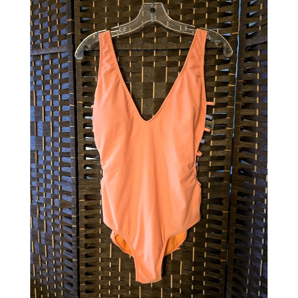 Heat Swimwear Swimsuit One Piece L Peach Orange V-Neck Multi-Color Strappy Side